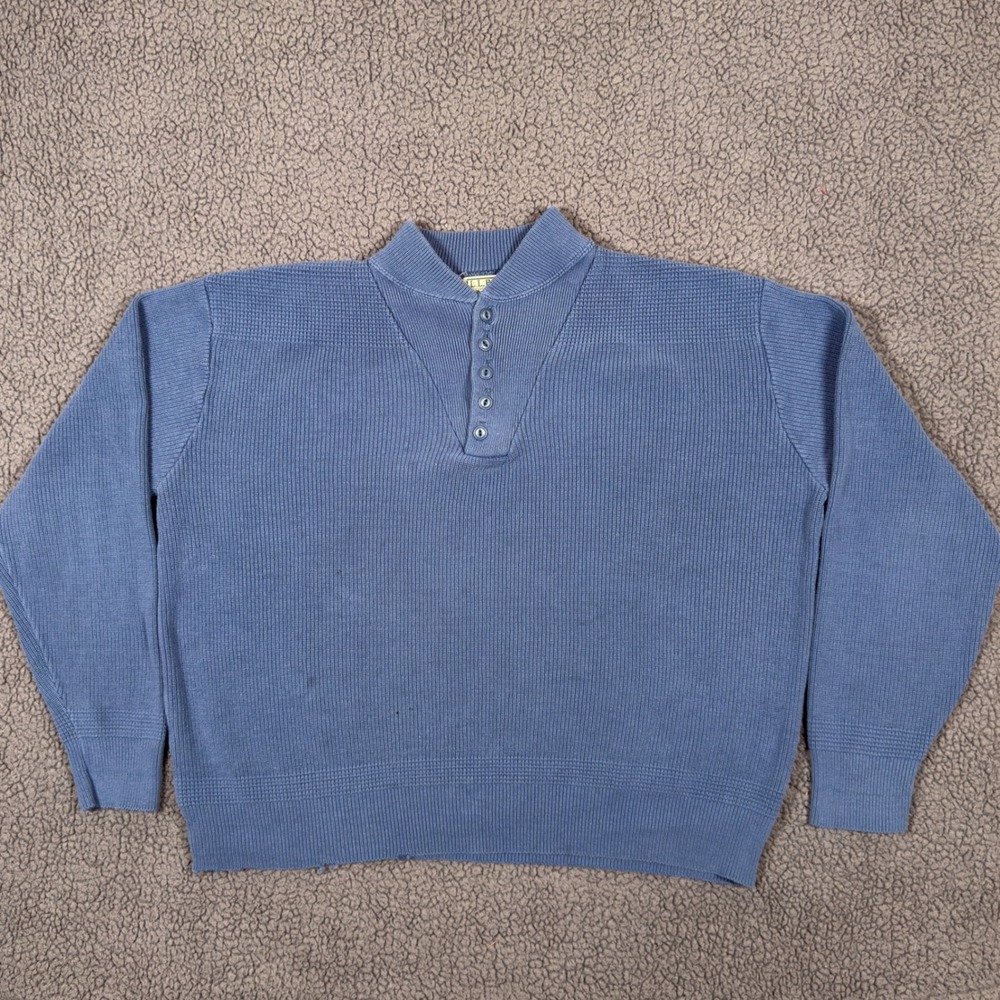 Vintage LL Bean Mens XL Blue Cotton Henley Sweater Made in USA Textured Knit